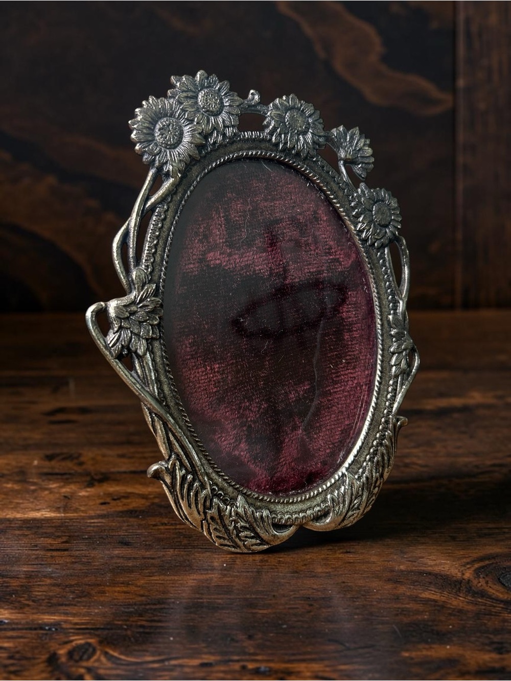 Silver Tone Oval Floral Picture Frame Burgundy Velvet Back